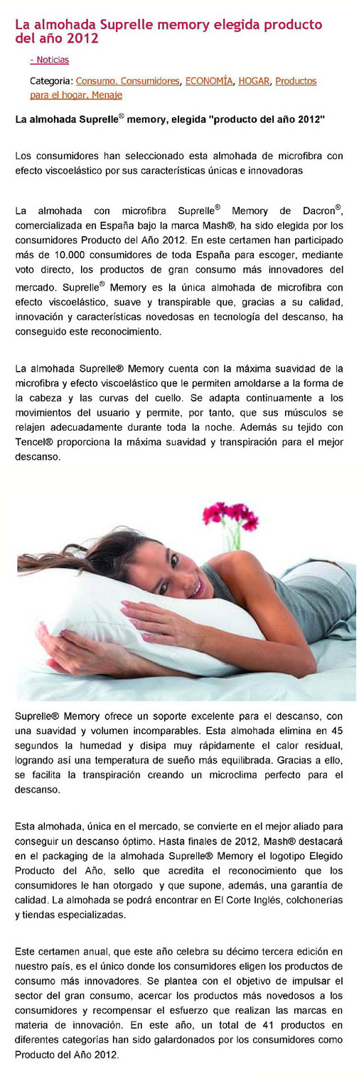 La almohada Suprelle memory elegida producto del año 2012